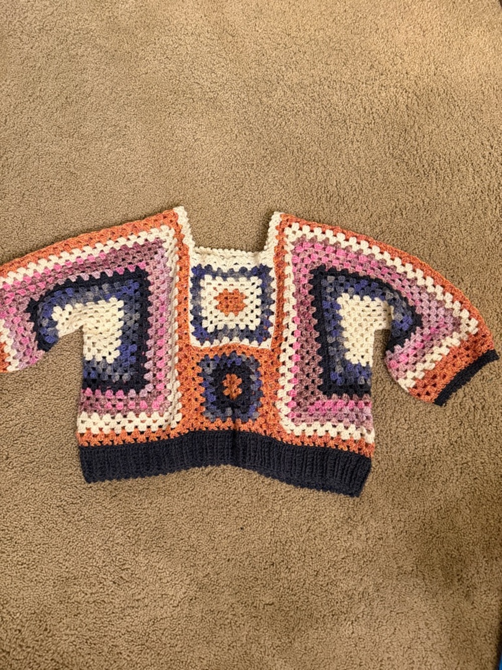 Crochet Boxy Women's Sweater - Cream, Pink & Navy & Orange